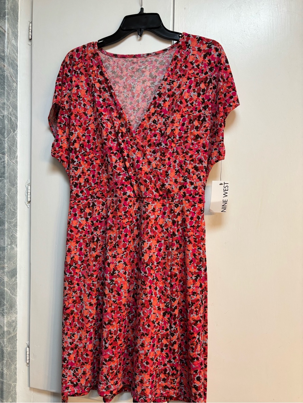Nine West Red-Pink Floral Faux-Wrap Midi Dress Large